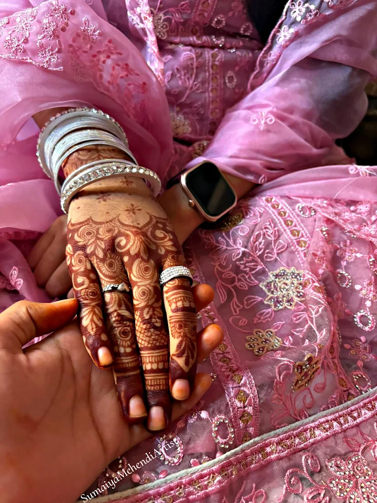 Bridal henna design with the groom's name hidden in fine detailing