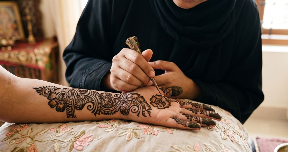 Mehendi artist applying henna at a home service session