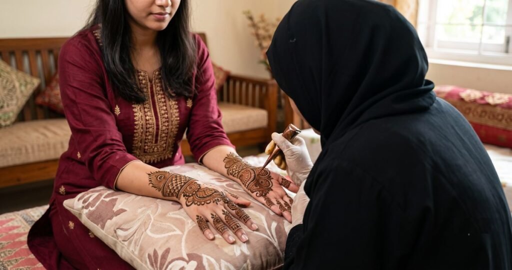 Close-up of detailed bridal henna design with intricate wedding-inspired patterns