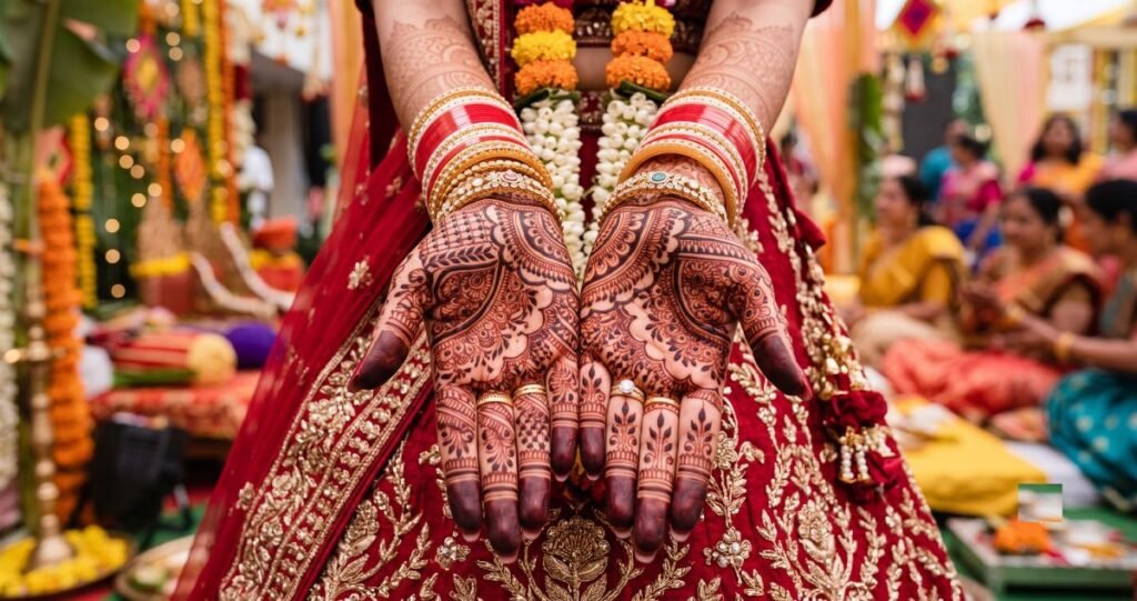 Traditional bridal mehendi design with intricate floral and paisley patterns for an Indian wedding.